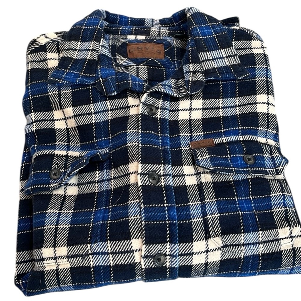 ORVIS PLAID COTTON FLANNEL LONG SLEEVE BUTTON DOWN SHIRT BLUE WHITE SIZE MEDIUM